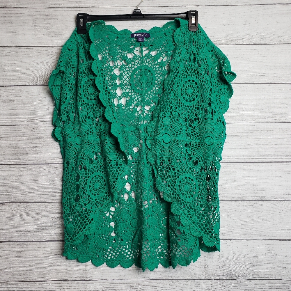 Roamans Medallion‎ Crochet Cotton Cardigan Womens Medium 14/16